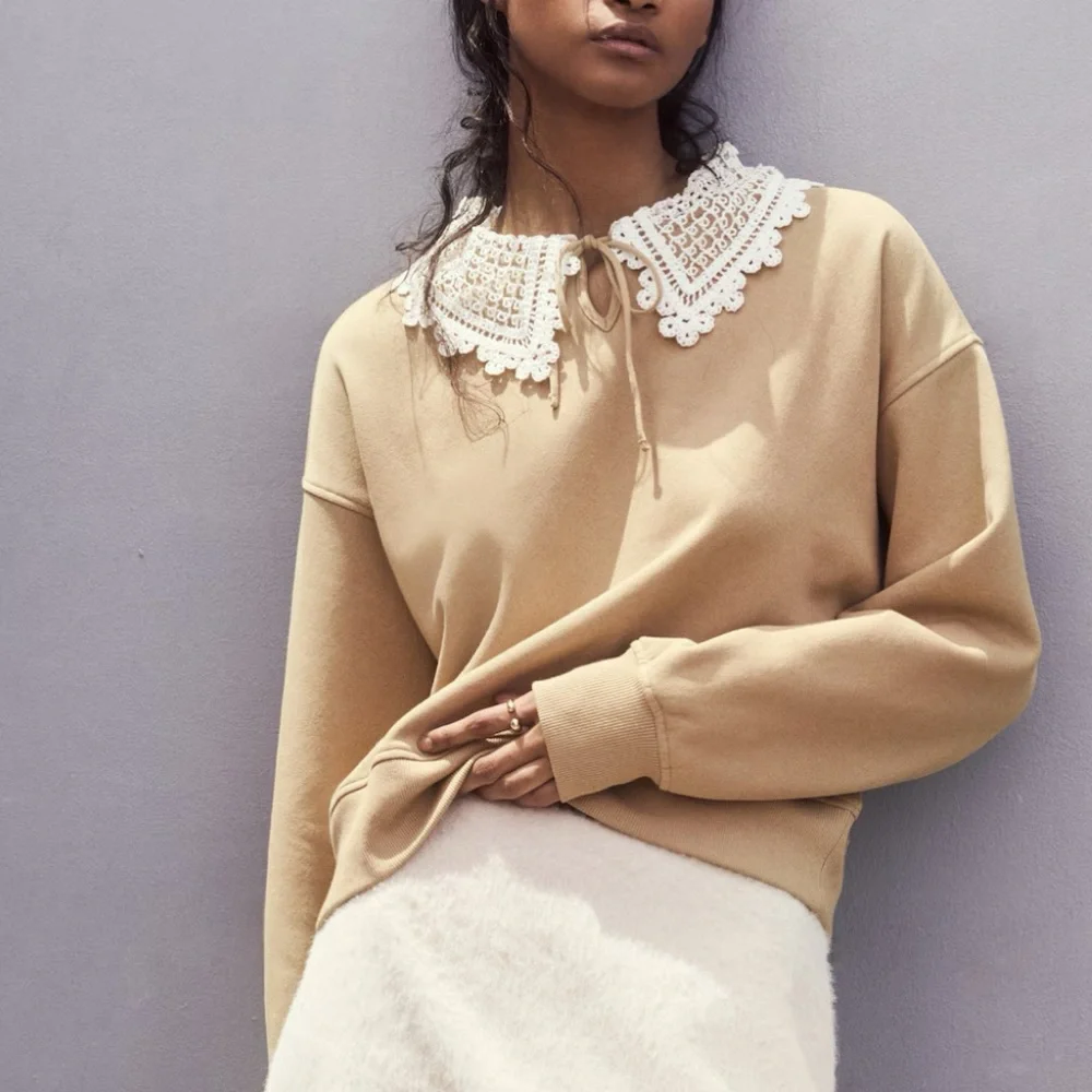 H&M Beige Sweatshirt with Crochet/ Lace Collar NWT